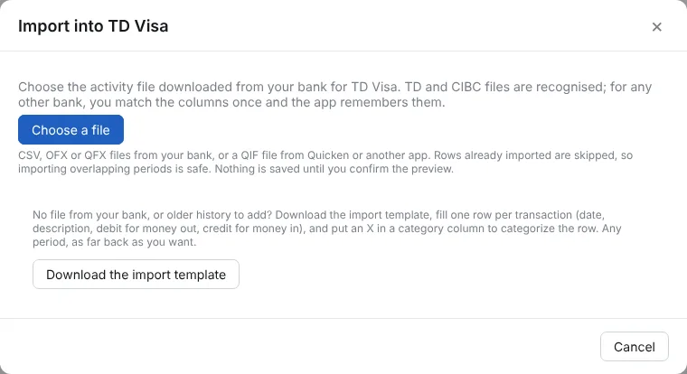 Open the account and click Import a file