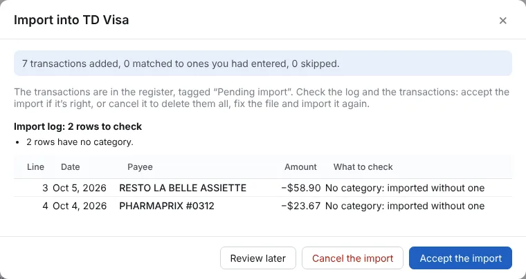 Read the import log, then accept