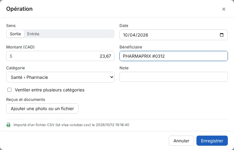 Donnez sa catégorie à une opération