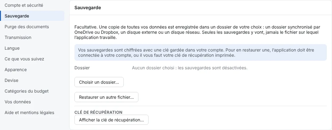 Ouvrez Paramètres, Sauvegarde