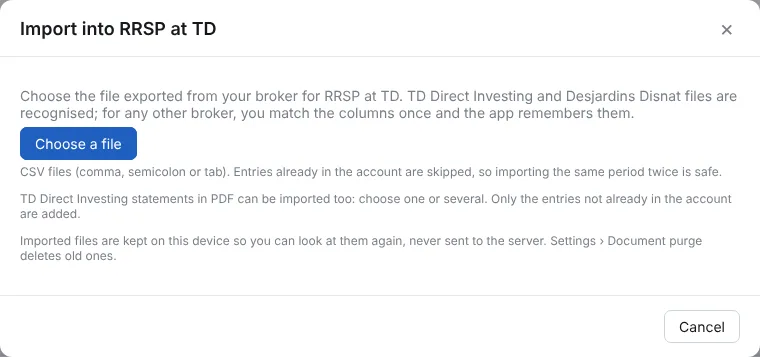 Open the account and click Import a file