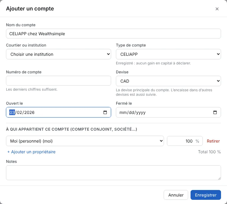Ouvrez Placements et cliquez sur Ajouter un compte