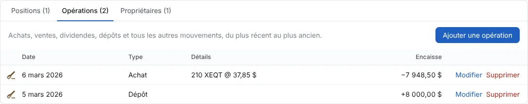 Chaque opération est dans l’onglet Opérations