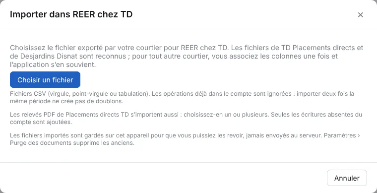 Ouvrez le compte et cliquez sur Importer un fichier