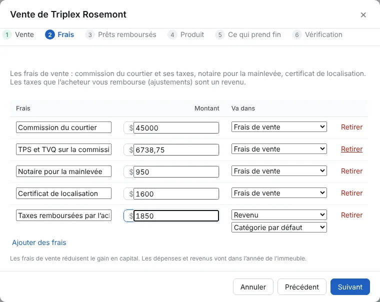 Frais : ce que la vente vous a coûté