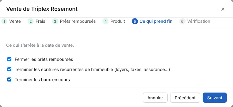 Ce qui prend fin à la date de vente