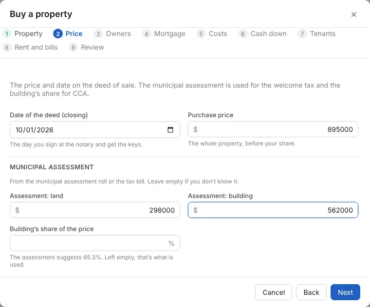 The price, the assessment and the building’s share