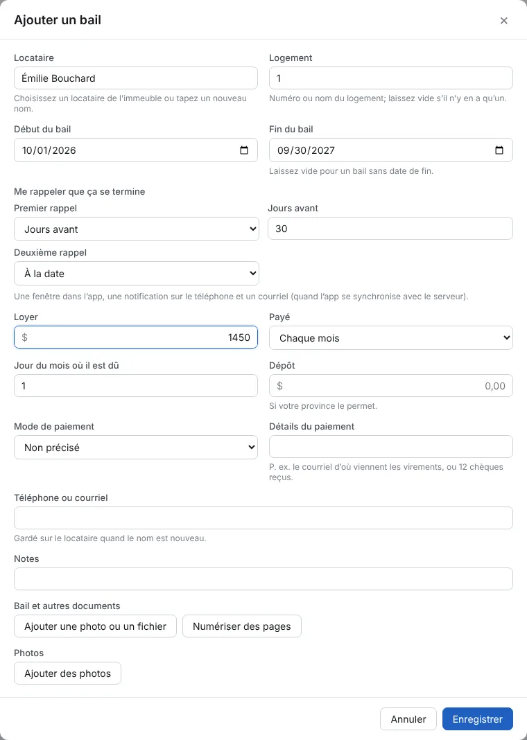 Ajoutez un bail par logement