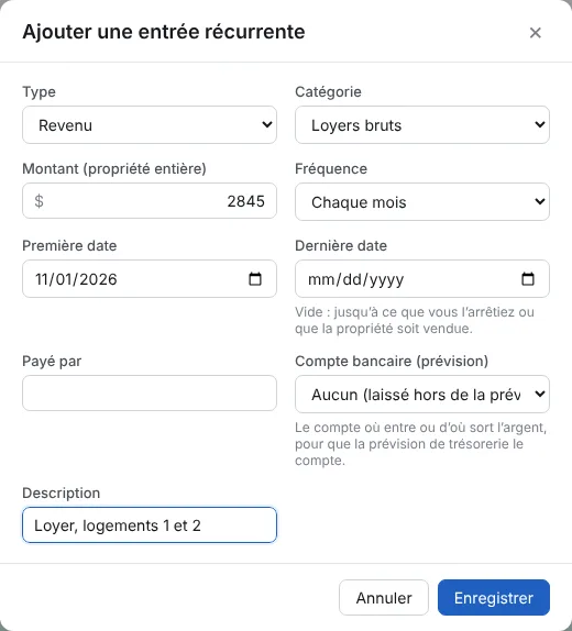 Ajoutez le loyer comme entrée récurrente (1/2)