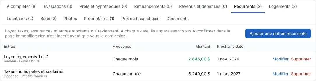 Ajoutez le loyer comme entrée récurrente (2/2)