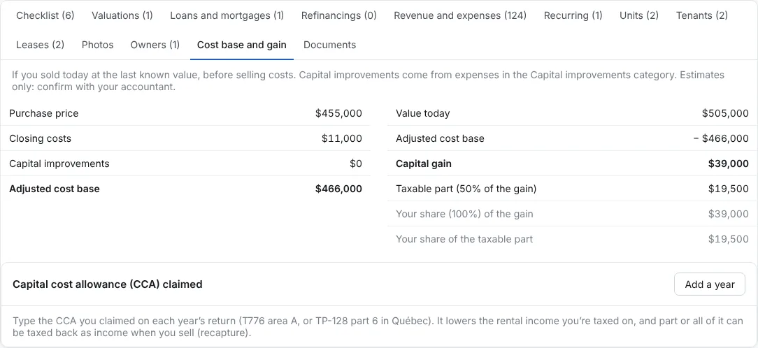 Open the property’s Cost base and gain tab