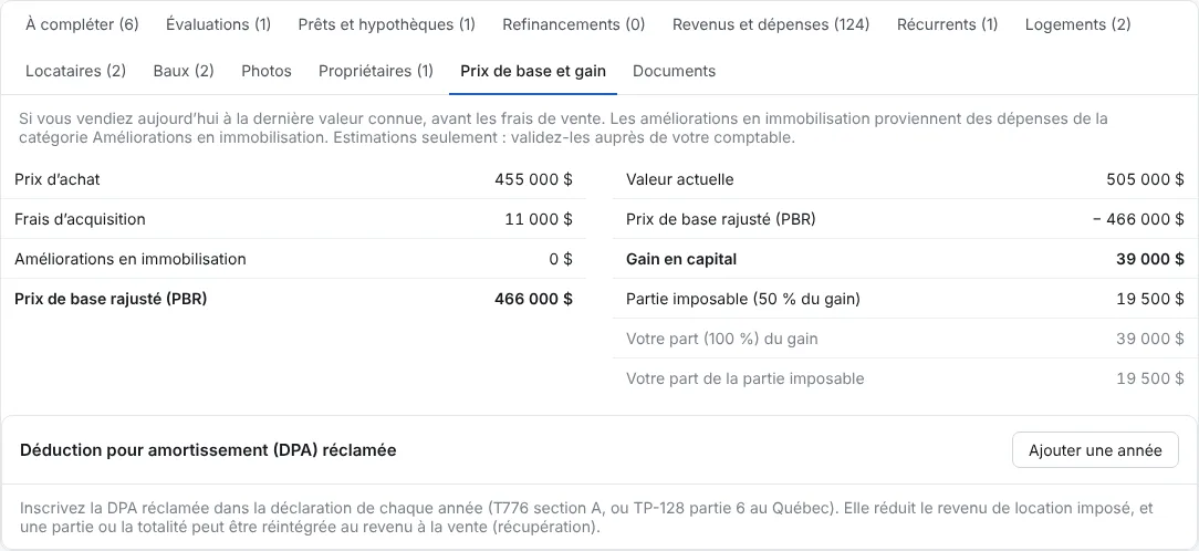 Ouvrez l’onglet Prix de base et gain de l’immeuble